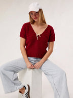 The Cherry Bow Sweater (Handcrafted Crochet V-Neck Top)