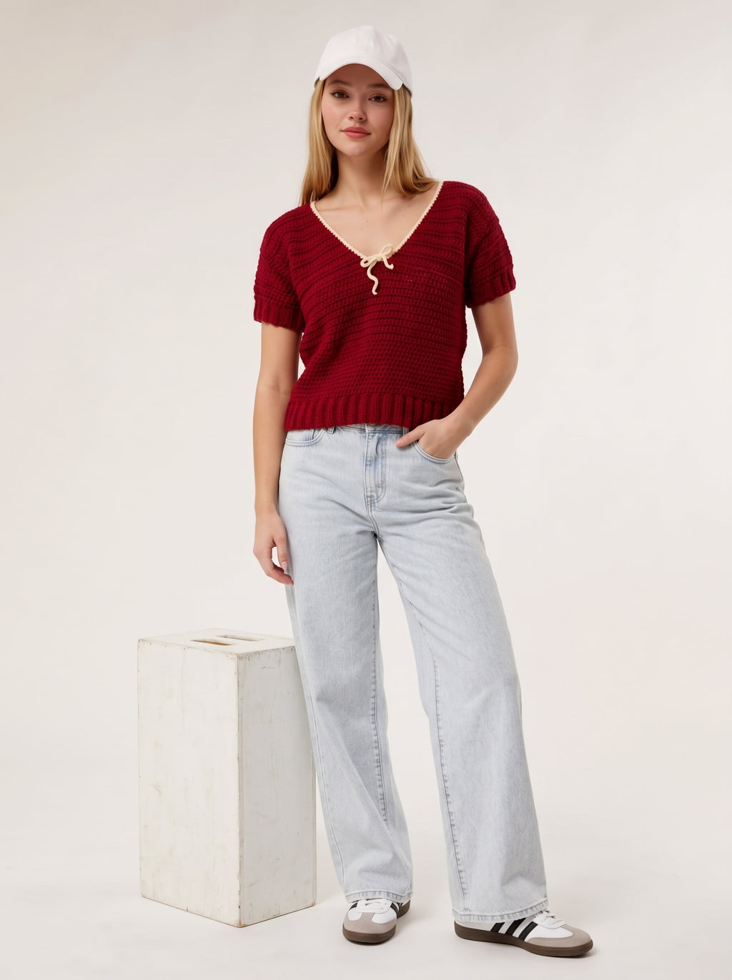 The Cherry Bow Sweater (Handcrafted Crochet V-Neck Top)