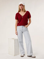 The Cherry Bow Sweater (Handcrafted Crochet V-Neck Top)