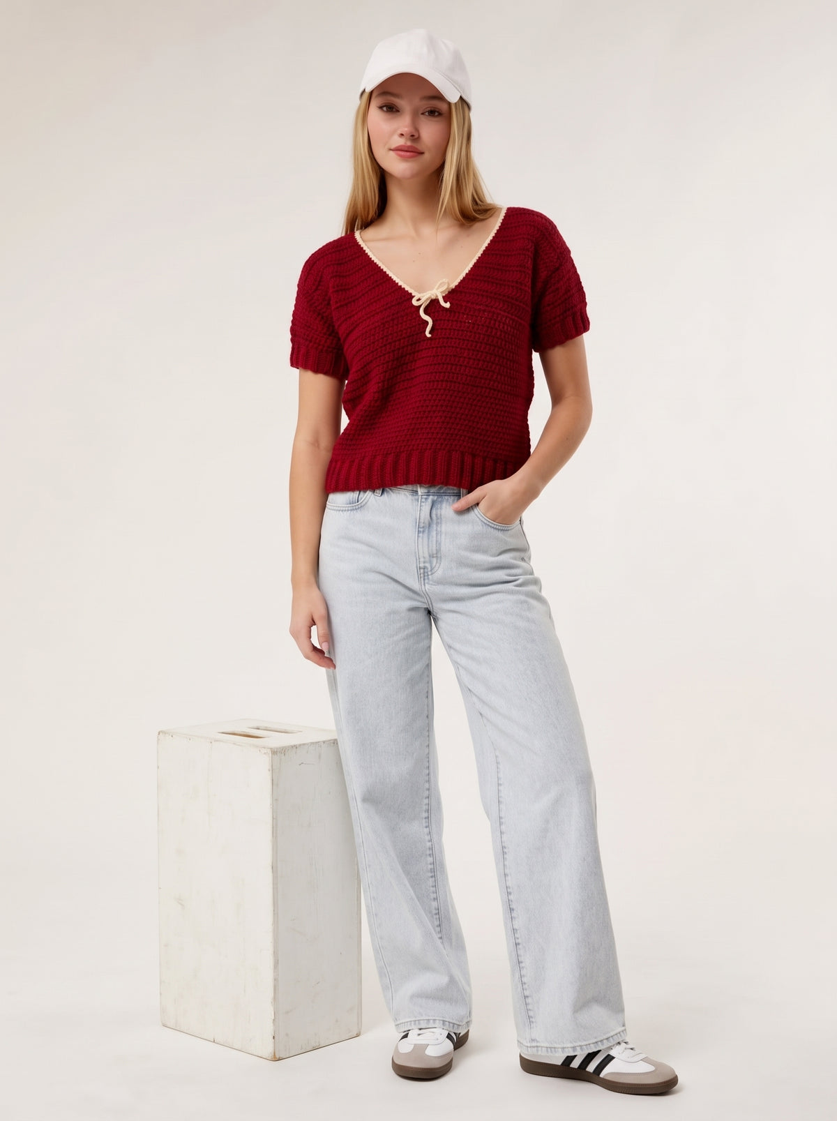 The Cherry Bow Sweater (Handcrafted Crochet V-Neck Top)