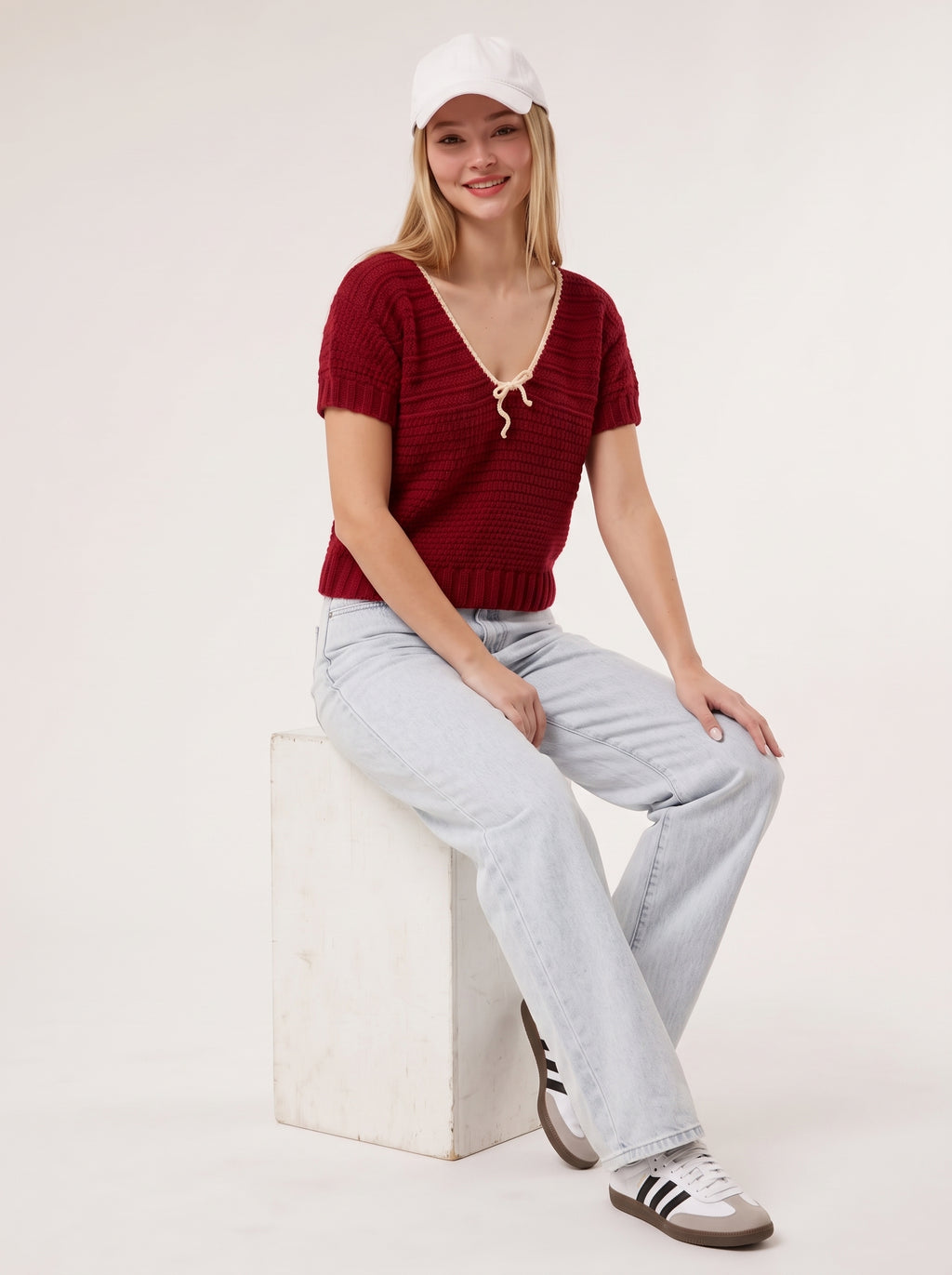 The Cherry Bow Sweater (Handcrafted Crochet V-Neck Top)