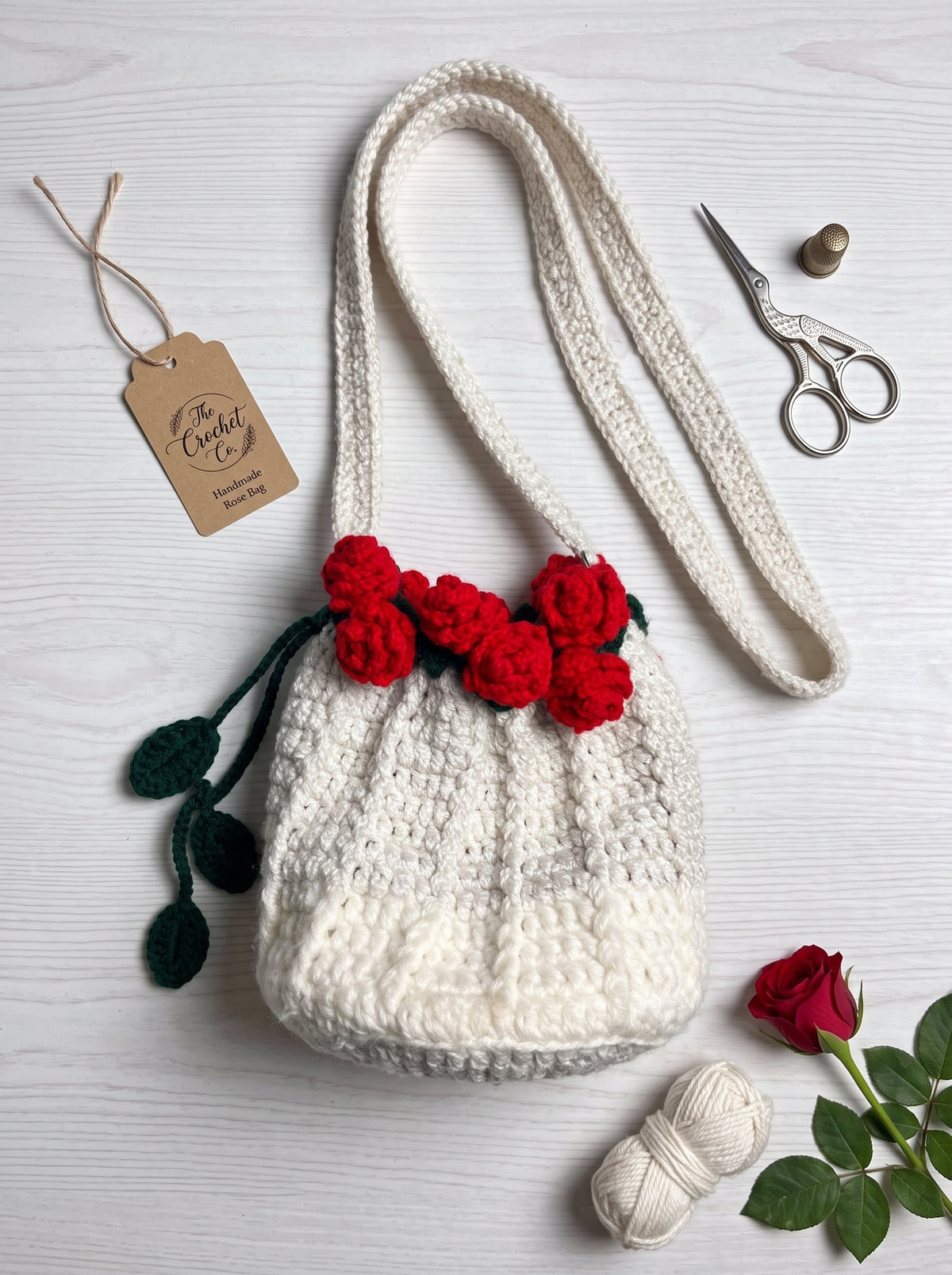 The Ivory Rose Bag (Handcrafted Crochet Crossbody with Rose Trim)