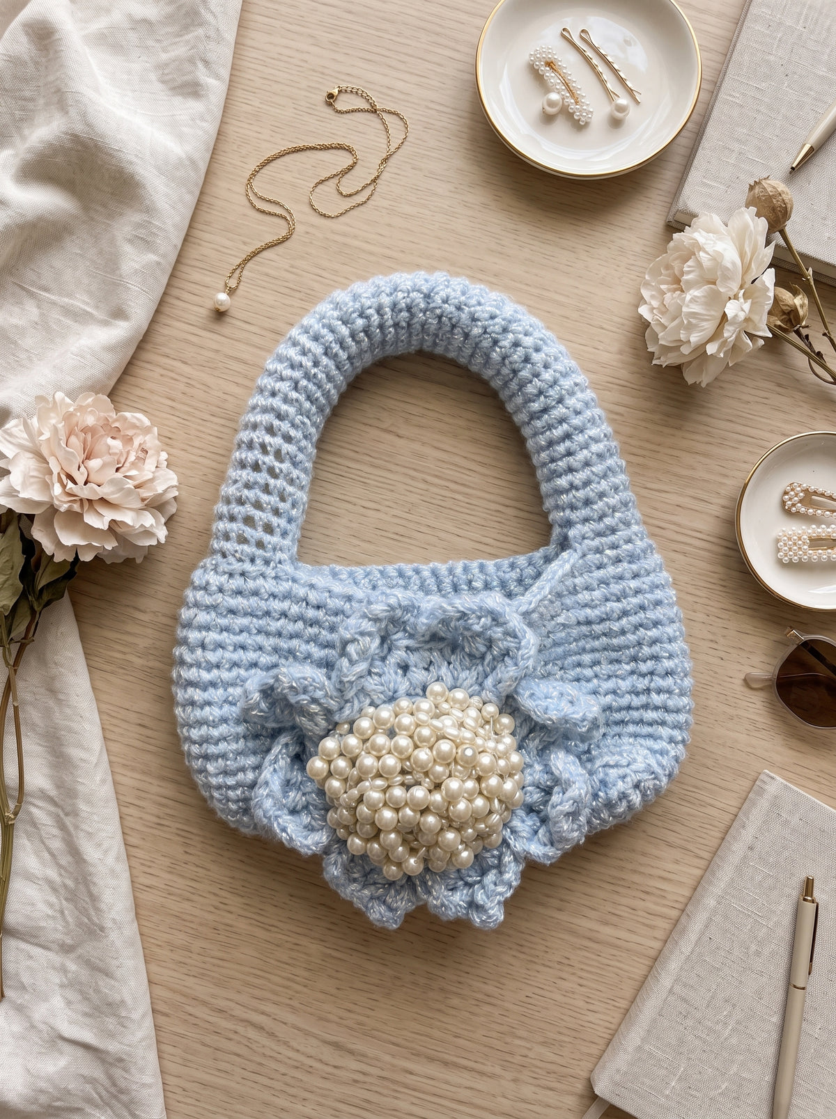 The Powder Blue Pearl Bag (Handcrafted Crochet Purse with Pearl Detail)