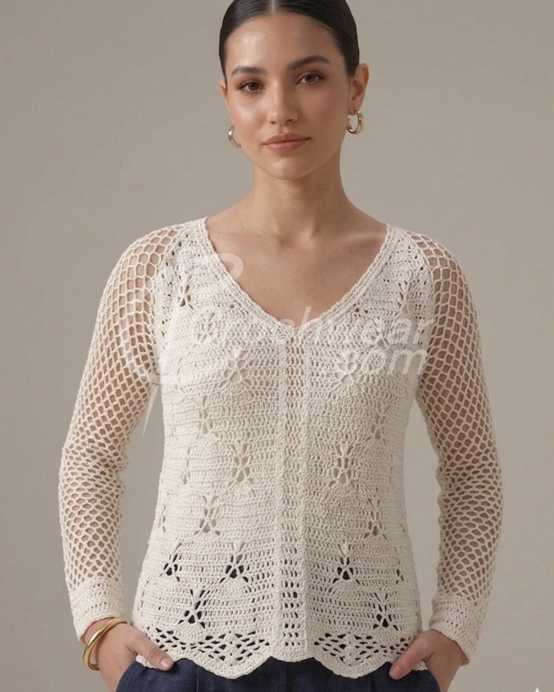 Crocheted Elegant Ivery Net Sleeve Top