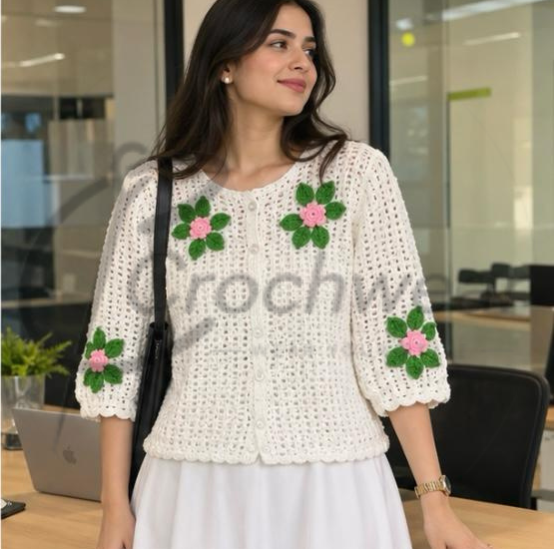 The Ivory Bloom Cardigan (Handmade Crochet Floral Cardigan) – Ivory Bloom Cardigan In Pakistan
