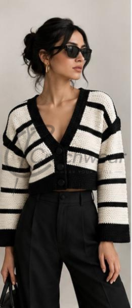 The Ivory Stripe Cardigan (Handmade Crochet Cropped Cardigan) – Ivory Stripe Cardigan In Pakistan
