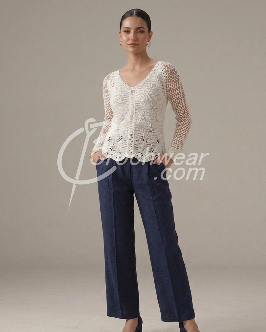 Crocheted Elegant Ivery Net Sleeve Top