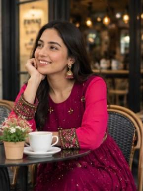 The Fuchsia Dahlia Anarkali Maxi Gown – Heavily Embellished Magenta Luxury Formal Wear Pakistan