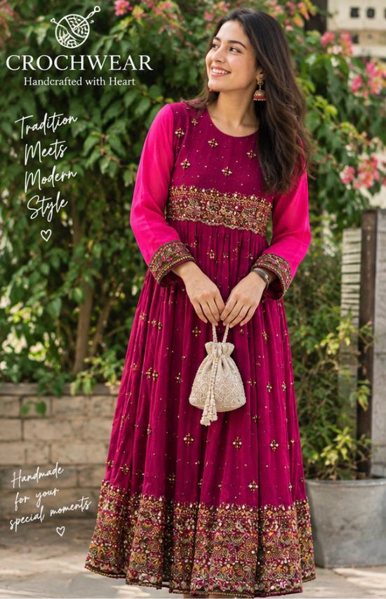 The Fuchsia Dahlia Anarkali Maxi Gown – Heavily Embellished Magenta Luxury Formal Wear Pakistan