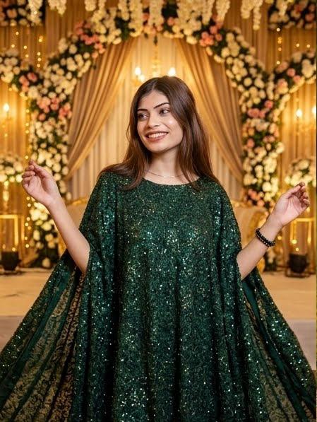 Emerald Noir – Hand-Embellished Sequin Kaftan Gown | Luxury Formal Wedding Guest Dress Pakistan
