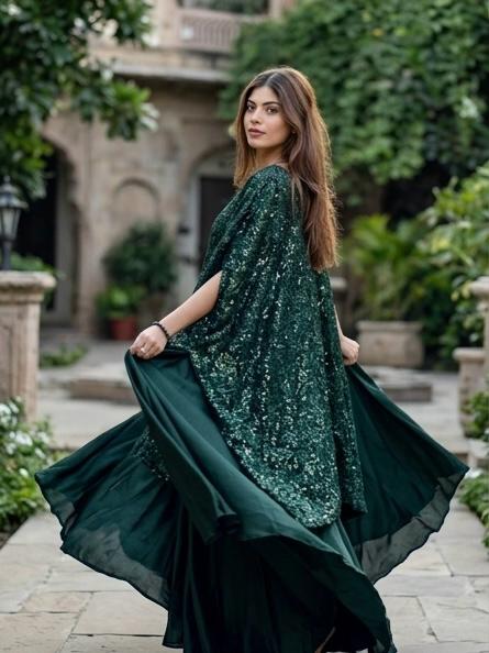 Emerald Noir – Hand-Embellished Sequin Kaftan Gown | Luxury Formal Wedding Guest Dress Pakistan