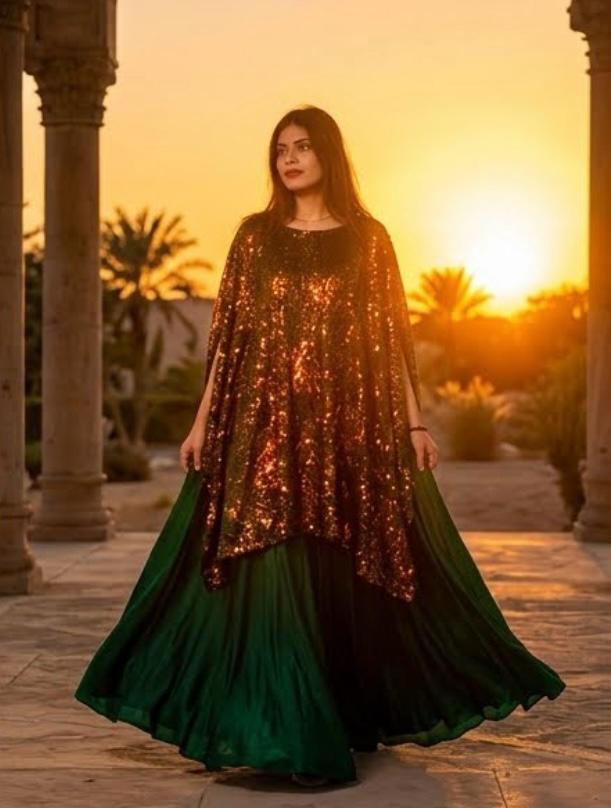 Emerald Noir – Hand-Embellished Sequin Kaftan Gown | Luxury Formal Wedding Guest Dress Pakistan