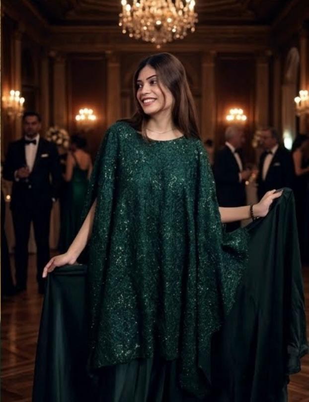 Emerald Noir – Hand-Embellished Sequin Kaftan Gown | Luxury Formal Wedding Guest Dress Pakistan
