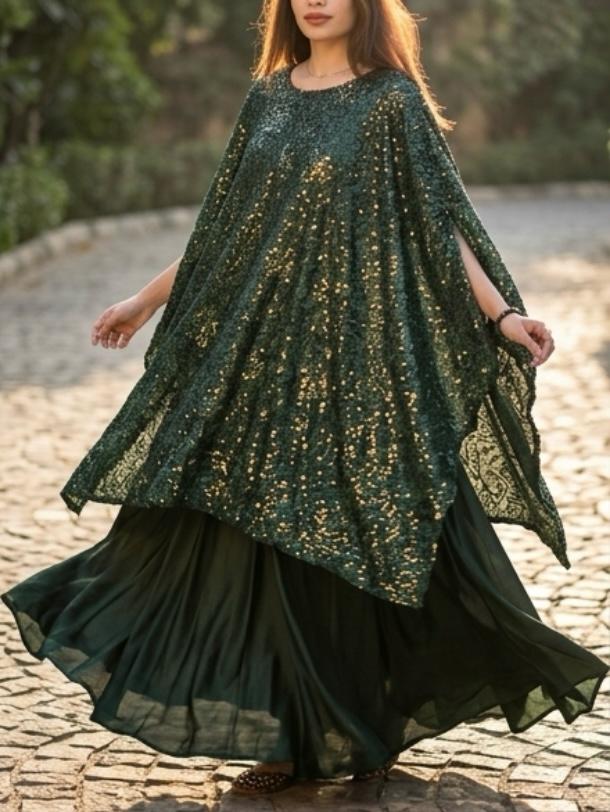 Emerald Noir – Hand-Embellished Sequin Kaftan Gown | Luxury Formal Wedding Guest Dress Pakistan