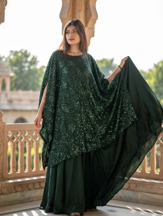 Emerald Noir – Hand-Embellished Sequin Kaftan Gown | Luxury Formal Wedding Guest Dress Pakistan