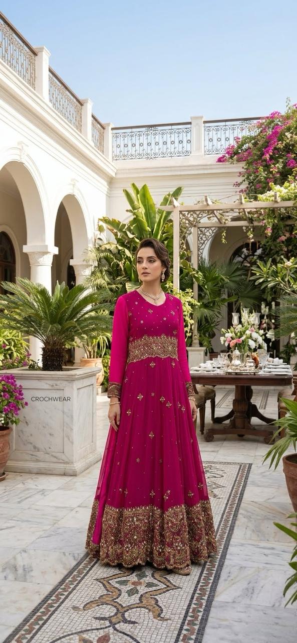 The Fuchsia Dahlia Anarkali Maxi Gown – Heavily Embellished Magenta Luxury Formal Wear Pakistan