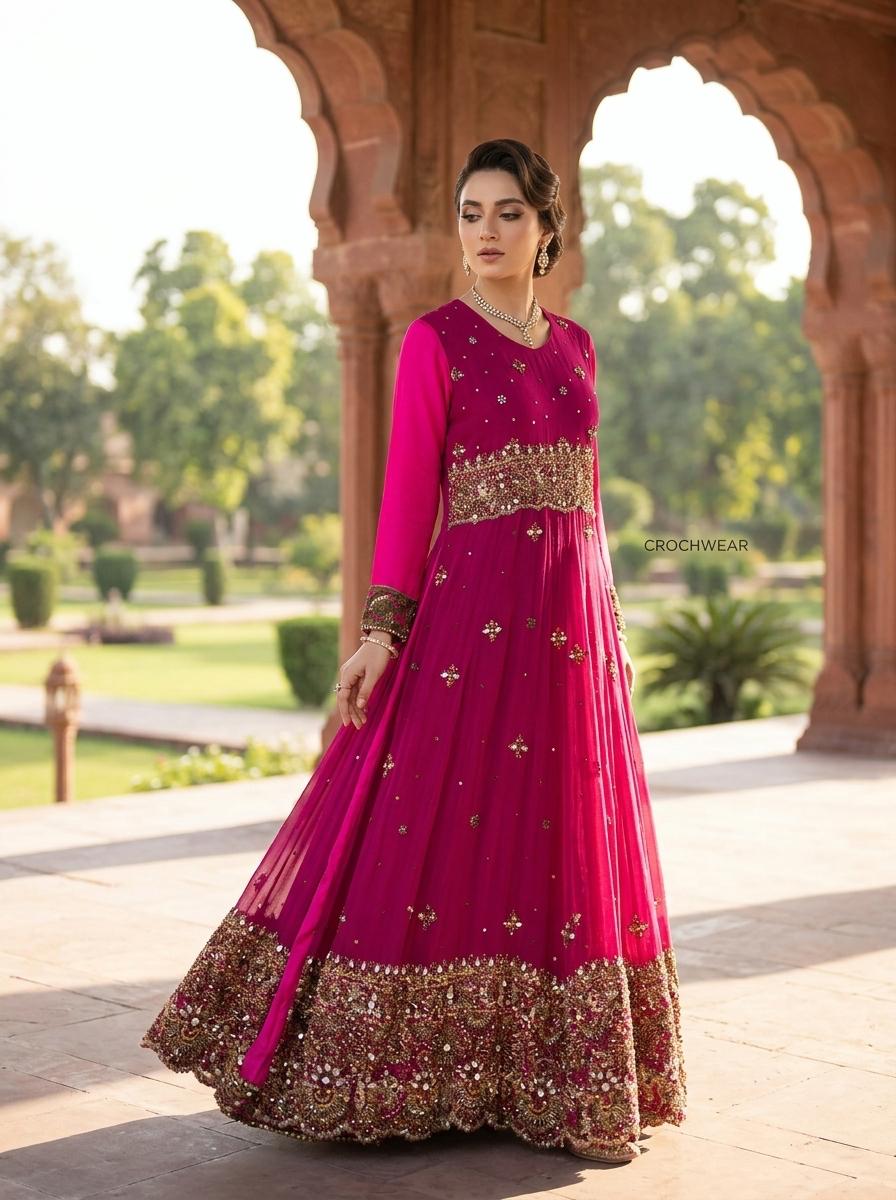 The Fuchsia Dahlia Anarkali Maxi Gown – Heavily Embellished Magenta Luxury Formal Wear Pakistan