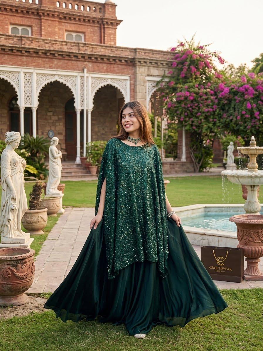Emerald Noir – Hand-Embellished Sequin Kaftan Gown | Luxury Formal Wedding Guest Dress Pakistan