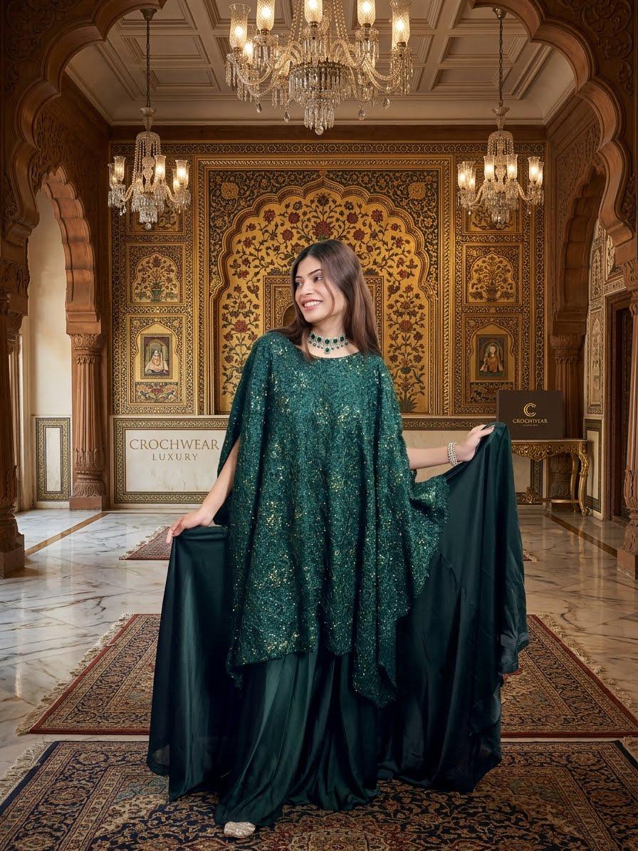 Emerald Noir – Hand-Embellished Sequin Kaftan Gown | Luxury Formal Wedding Guest Dress Pakistan