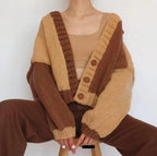 Chunky Knit Two-Tone Cardigan - Brown & Camel Oversized Cropped Sweater