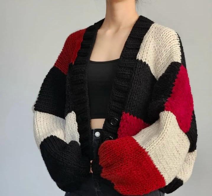 Chunky Knit Color Block Cardigan - Red, Black & Cream Oversized Sweater