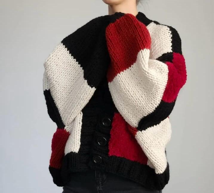 Chunky Knit Color Block Cardigan - Red, Black & Cream Oversized Sweater