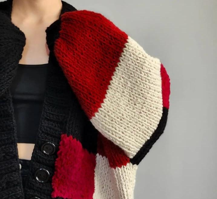 Chunky Knit Color Block Cardigan - Red, Black & Cream Oversized Sweater