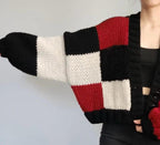 Chunky Knit Color Block Cardigan - Red, Black & Cream Oversized Sweater