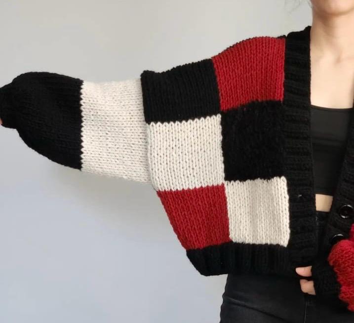 Chunky Knit Color Block Cardigan - Red, Black & Cream Oversized Sweater