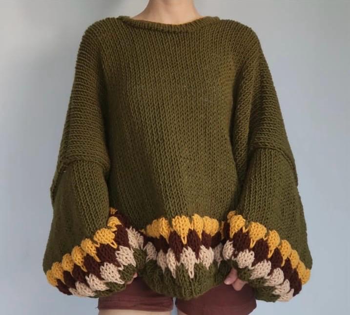 Chunky Knit Olive Green Sweater - Oversized Pullover with Scalloped Cuffs