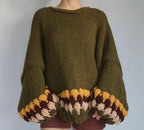Chunky Knit Olive Green Sweater - Oversized Pullover with Scalloped Cuffs