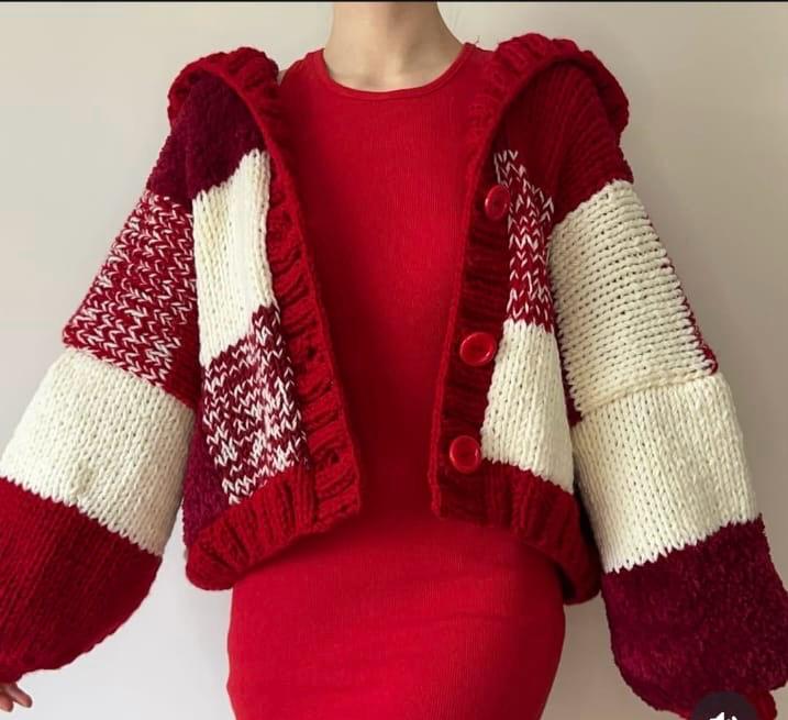 Chunky Knit Checkered Cardigan - Red & Cream Patchwork Hooded Sweater