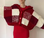 Chunky Knit Checkered Cardigan - Red & Cream Patchwork Hooded Sweater