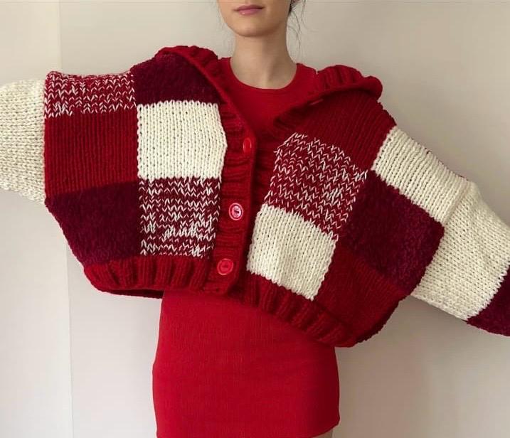 Chunky Knit Checkered Cardigan - Red & Cream Patchwork Hooded Sweater