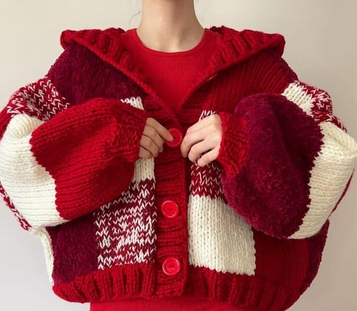 Chunky Knit Checkered Cardigan - Red & Cream Patchwork Hooded Sweater