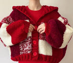Chunky Knit Checkered Cardigan - Red & Cream Patchwork Hooded Sweater