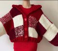 Chunky Knit Checkered Cardigan - Red & Cream Patchwork Hooded Sweater