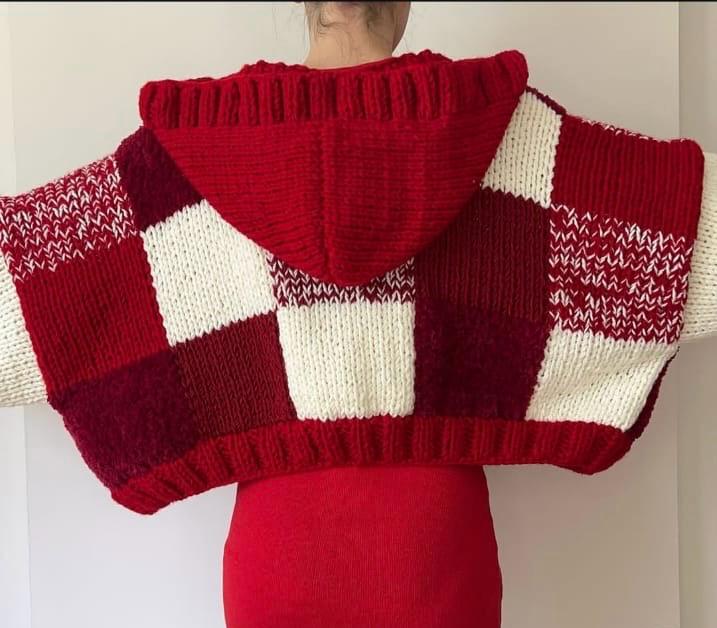 Chunky Knit Checkered Cardigan - Red & Cream Patchwork Hooded Sweater
