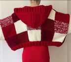 Chunky Knit Checkered Cardigan - Red & Cream Patchwork Hooded Sweater
