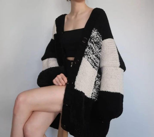 Black & Cream Chunky Knit Cardigan | Oversized Checkered Sweater