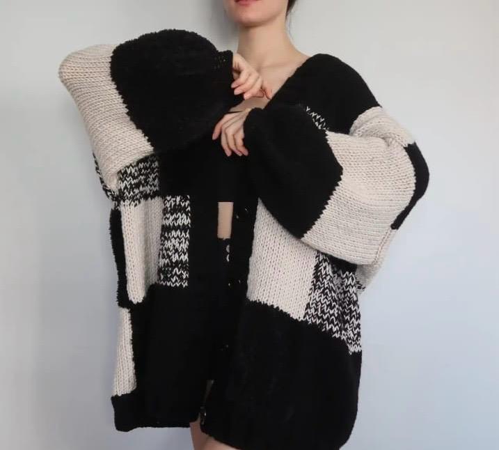 Black & Cream Chunky Knit Cardigan | Oversized Checkered Sweater