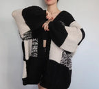 Black & Cream Chunky Knit Cardigan | Oversized Checkered Sweater