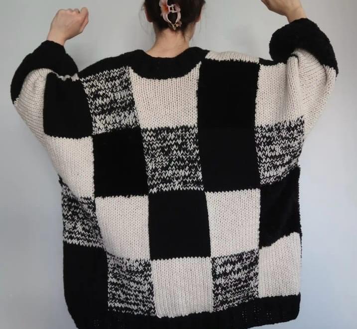 Black & Cream Chunky Knit Cardigan | Oversized Checkered Sweater