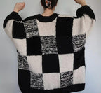 Black & Cream Chunky Knit Cardigan | Oversized Checkered Sweater