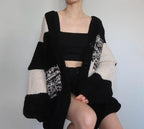 Black & Cream Chunky Knit Cardigan | Oversized Checkered Sweater