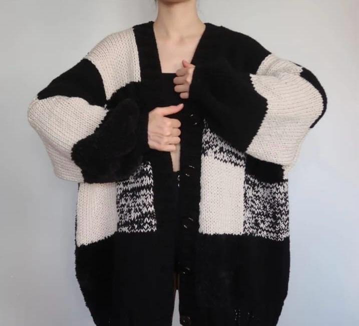Black & Cream Chunky Knit Cardigan | Oversized Checkered Sweater