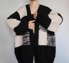 Black & Cream Chunky Knit Cardigan | Oversized Checkered Sweater