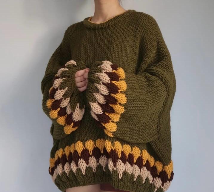 Chunky Knit Olive Green Sweater - Oversized Pullover with Scalloped Cuffs