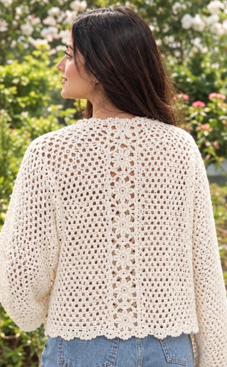 White Crochet Cardigan - Handmade Floral Lace Open Front Cropped Cardigan