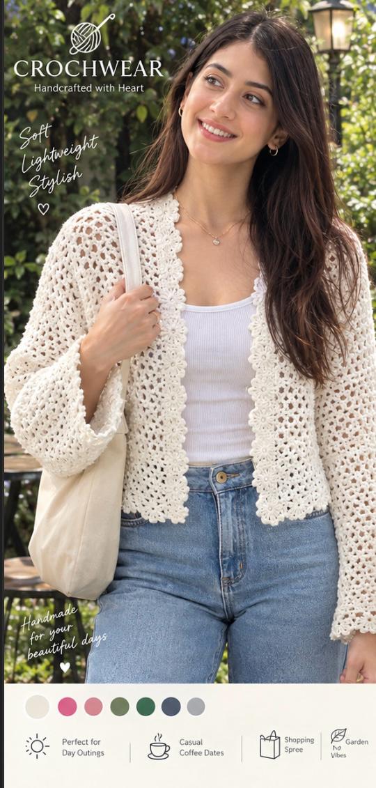 White Crochet Cardigan - Handmade Floral Lace Open Front Cropped Cardigan